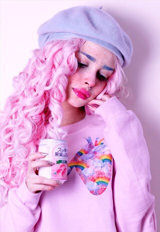 VALENTINES UNICORN RAINBOW HEART PINK OVERSIZED SWEATER