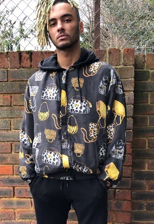 VINTAGE SILK FADED BLACK GOLD FESTIVAL SHELL BOMBER JACKET