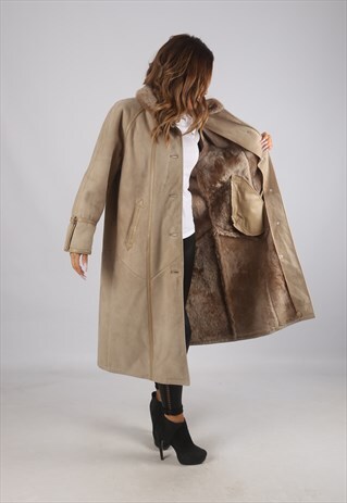 VINTAGE SHEEPSKIN SUEDE SHEARLING COAT MID LONG UK 16 (J9AA)