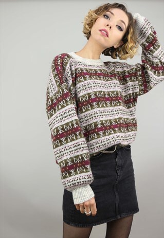 VINTAGE 80S 90S OVERSIZED PATTERNED KNIT JUMPER