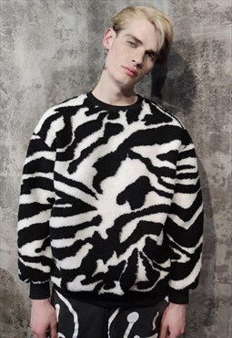 Zebra fleece sweater fluffy stripe jumper y2k top in black