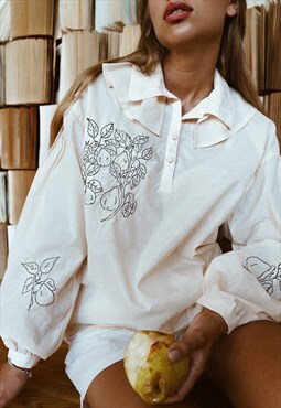Hand Embroidered Beige Pear Blouse with Puff Sleeves