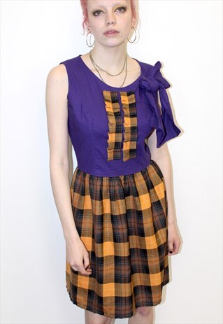80'S VINTAGE PURPLE ORANGE TARTAN RETRO BOW TEA DRESS BOHO