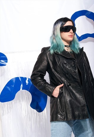 VINTAGE LEATHER JACKET 90S BLACK GRUNGE DOUBLE BREASTED COAT
