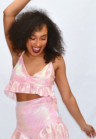 BABY PINK SEQUIN FRILL CROP TOP