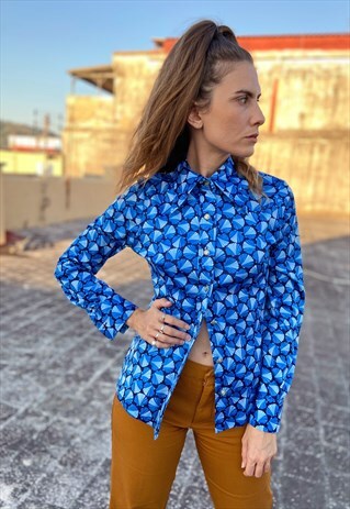 VINTAGE 70S SHELL PATTERN SHIRT BLUE