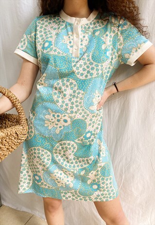 VINTAGE 60S MOD TWIGGY FLORAL PRINT PASTEL MINI DAY DRESS