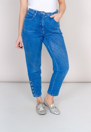VINTAGE 90S HIGH WAISTED BUTTON HEM BLUE MOM JEANS