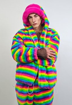 Striped rainbow fleece jacket psychedelic coat festival hood