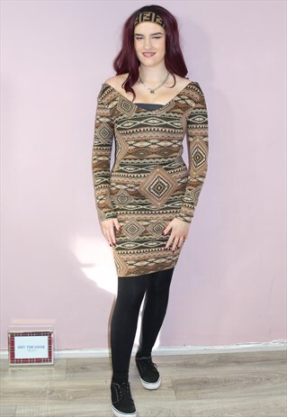 BROWN VINTAGE AZTEC PRINT SLEEVE MIDI DRESS - 90S