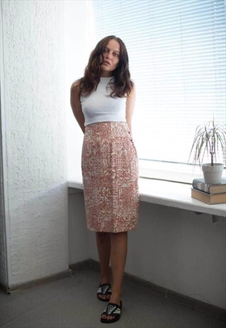 VINTAGE 70'S WHITE/RUST PATTERNED MIDI WRAP SKIRT