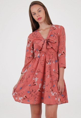 FLORAL PRINT BOW TIE V NECK TEA DRESS