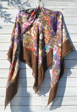 Vintage brown/multi color floral printed big scarf,shawl