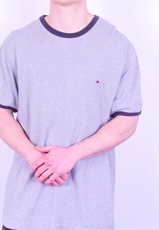 VINTAGE TOMMY HILFIGER RINGER T-SHIRT IN GREY XL
