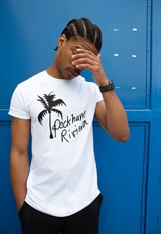 UNISEX T-SHIRT IN WHITE WITH PECKHAM RIVIERA SLOGAN IN BLACK
