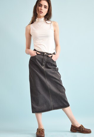 90'S RETRO DENIM REGULAR WAIST MOM'S MIDI SKIRT