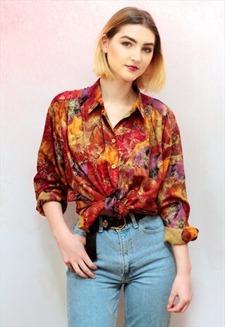 1990S VINTAGE WARM ORANGEAND RED PATTERNED OVERSIZED SHIRT