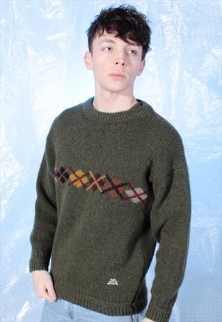 VINTAGE KAPPA GREEN AND RED PATTERNED KNITTED JUMPER