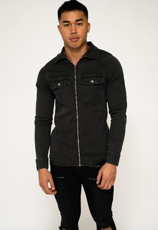 MUSCLE FIT BLACK DENIM SHIRT WITH ZIP