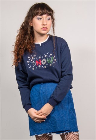 VINTAGE 90'S NAVY BLUE SNOW EMBROIDERED CHRISTMAS SWEATSHIRT