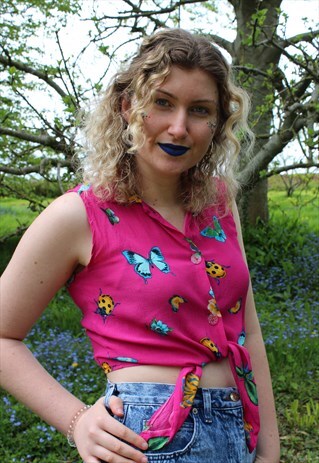 VINTAGE 80'S PINK FESTIVAL CROP TOP WITH BUTTERFLY BUG PRINT