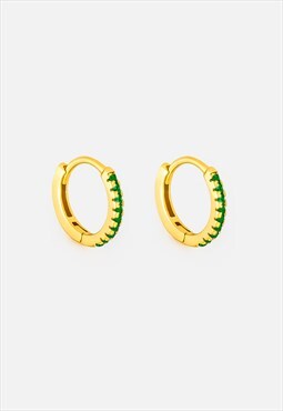 Women's Small Hoop Earrings With Green Stones - Gold