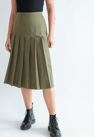 VINTAGE 80S PLEATED MIDI WOOL SKIRT IN MOSS GREEN