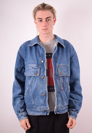 MENS VINTAGE SHERPA DENIM JACKET LARGE BLUE 90S