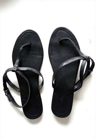 BLACK REAL LEATHER FLAT T STRING SLIPPERS / SANDALS - UK6