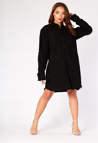 BLACK OVERSIZED DISTRESSED DENIM SHIRT