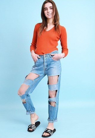 90'S RETRO HIGHWAISTED STONEWASH DISTRESSED CUT OUT JEANS