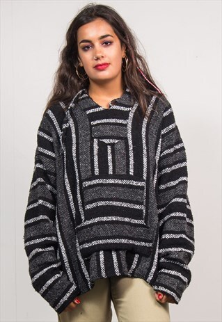 90'S VINTAGE GREY STRIPED HIPPIE GRUNGE BAJA HOODIE JUMPER