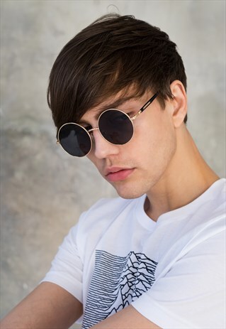 BLACK ROUND LENNON SUNGLASSES FESTIVAL GOLD METAL FRAMES