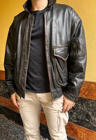 VINTAGE 90S GENUINE LEATHER AVIATOR JACKET