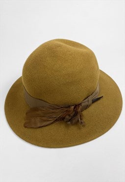 70's Vintage Ladies Brown Wool Fedora Hat Feather 