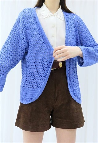 90s Vintage Blue Cropped Crochet Cardigan (Size M)
