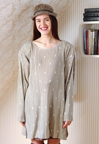 BEIGE PLEATED WHITE DOTS BLOUSE TUNIC