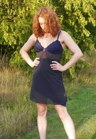 VINTAGE 90S MESH SLIP LACE BLACK BLUE DRESS