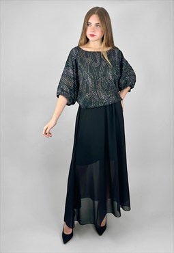 70's Vintage Black Sheer Silver Glitter Batwing Midi Dress