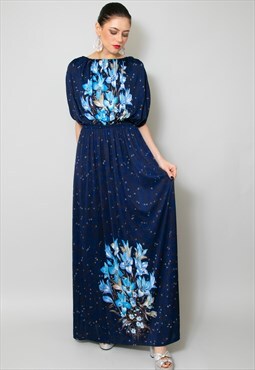 70's Vintage Ladies Blue Maxi Dress Floral Print Grecian 
