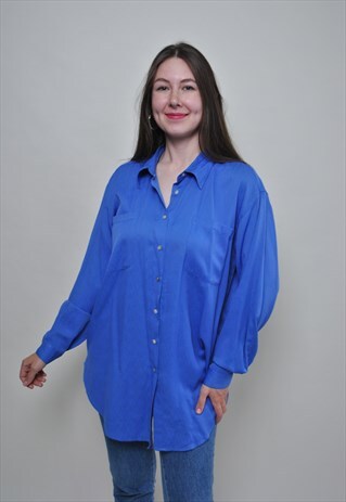 VINTAGE BLUE BLOUSE, BUTTON UP SHIRT FOR WORK