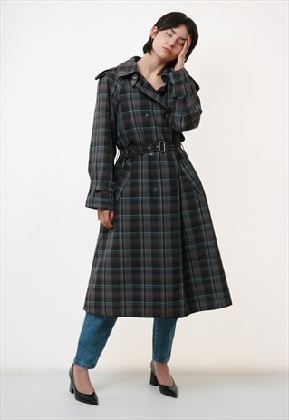 70S VINTAGE CHECK MAXI LONG PADDED TRENCH COAT 2594