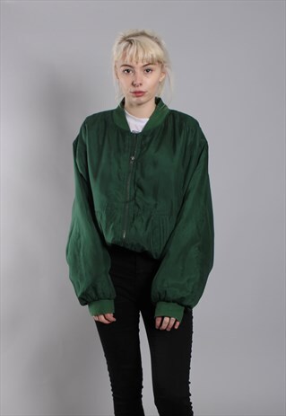VINTAGE 90S GREEN SILK OVERSIZE LINED BOMBER JACKET