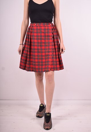 WOMENS VINTAGE SKIRT W24 RED TARTAN 90'S