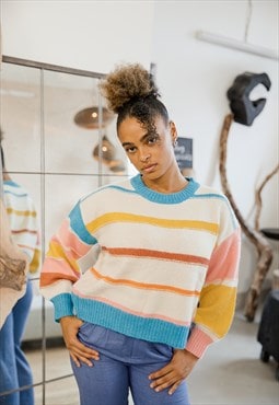 Cream and Turquoise Striped Stitch Contrast Jumper