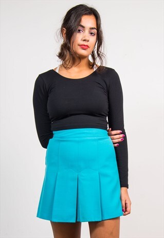 70'S VINTAGE BLUE PLEATED MINI SKIRT