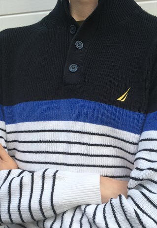 MENS NAUTICA JUMPER WHITE BLUE STRIPY PULLOVER KNIT TOP
