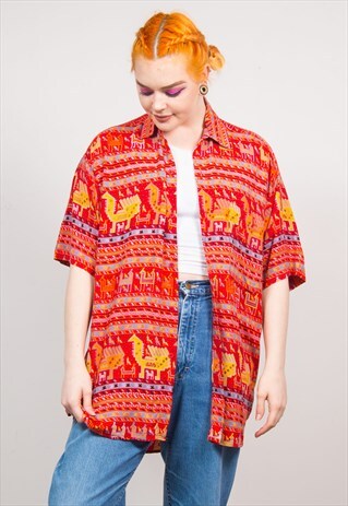 VINTAGE 90'S RED AZTEC LLAMA PATTERN OVERSIZED SHIRT