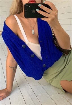 Vintage 80s Hand Knitted Deep Blue V Neck Vest