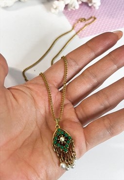 1970's Green & Pearl Stone Droplet Necklace